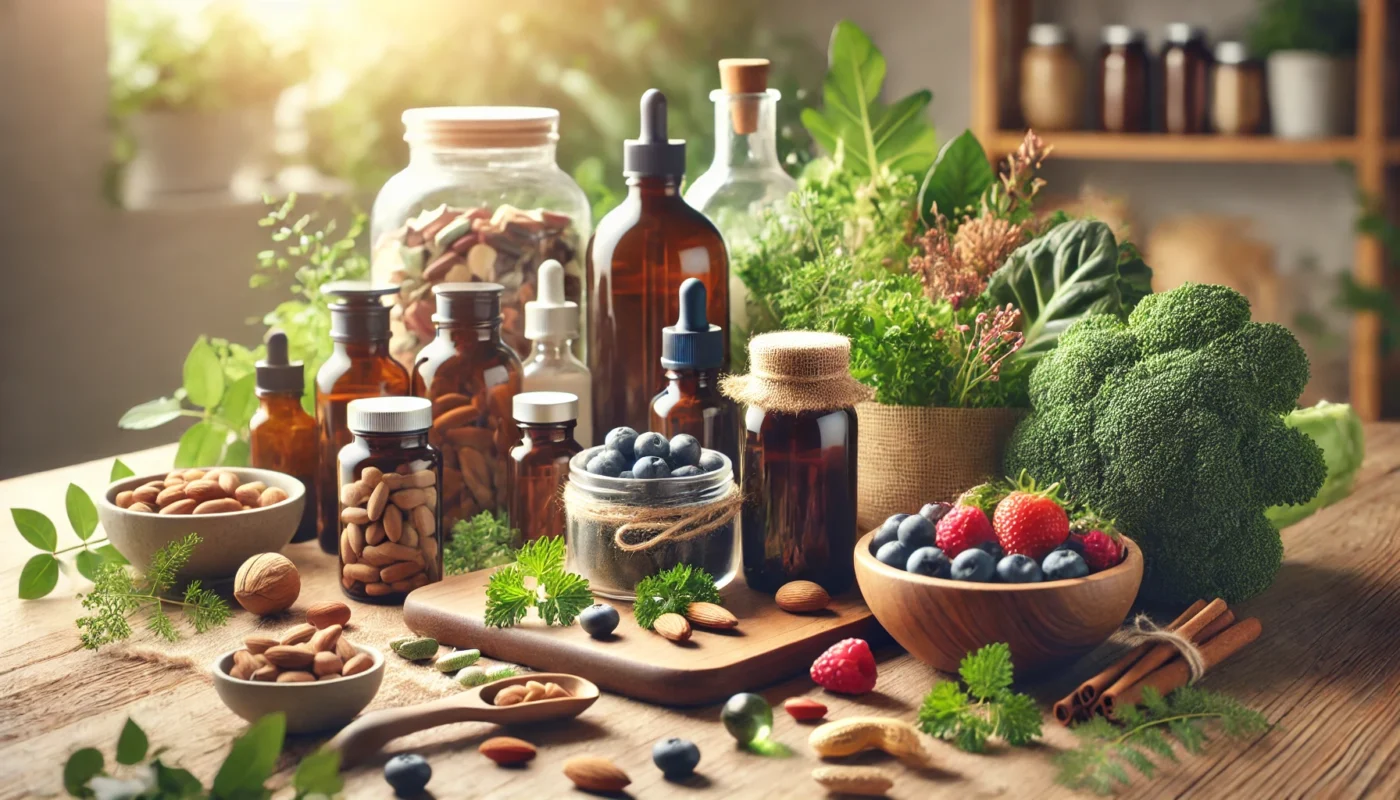 A natural skincare and wellness scene featuring an assortment of multivitamin bottles, herbal supplements, and fresh ingredients like berries, nuts, and leafy greens. The wooden countertop and soft lighting create a warm, organic aesthetic, emphasizing the synergy of natural ingredients and supplements for healthy, glowing skin.