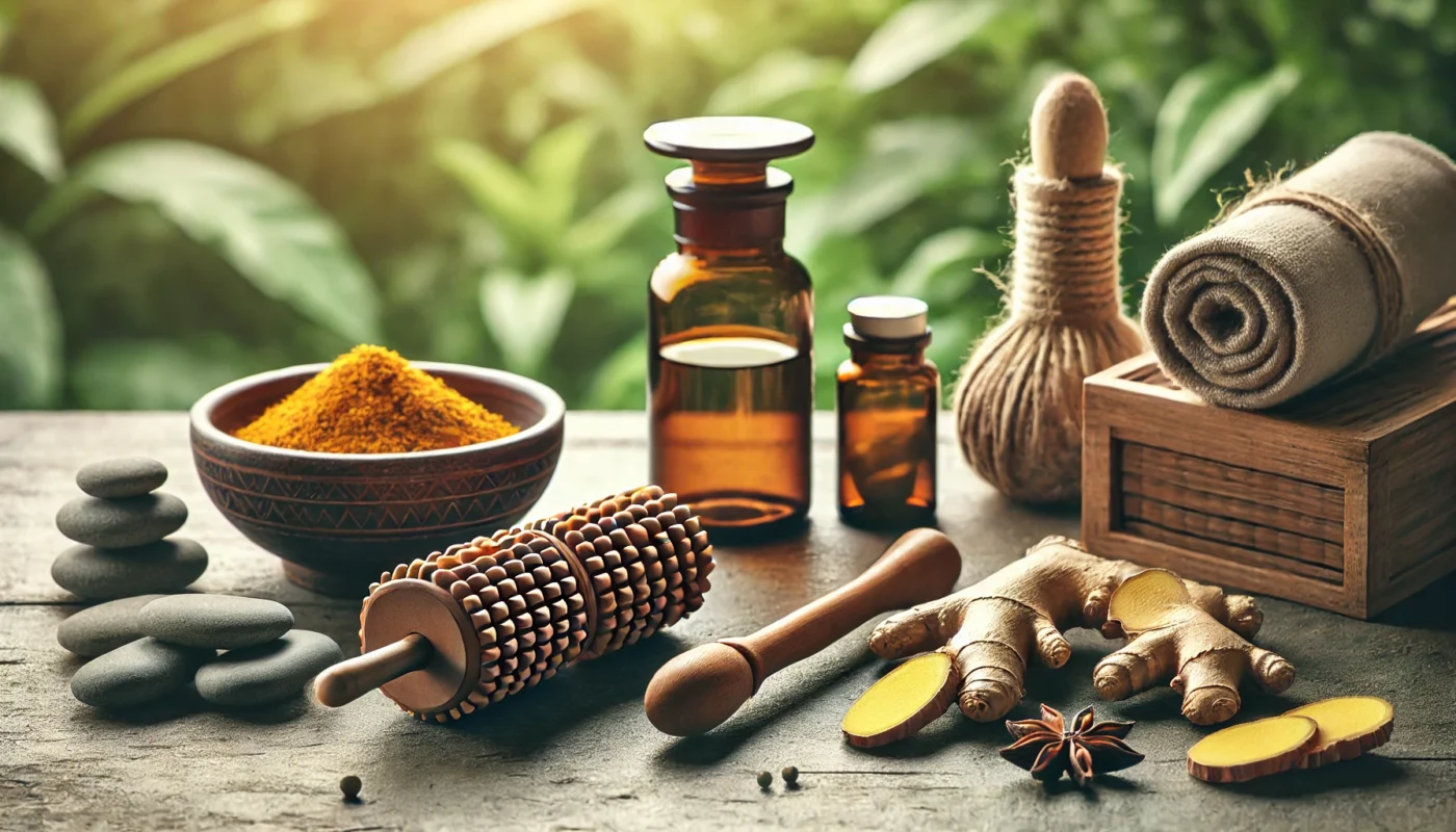 A serene arrangement showcasing natural arthritis management elements, including a wooden massage roller and herbal supplements like turmeric and ginger, set on a stone-textured surface with blurred greenery in the background, symbolizing holistic wellness. Minimalistic and modern aesthetic in widescreen format.