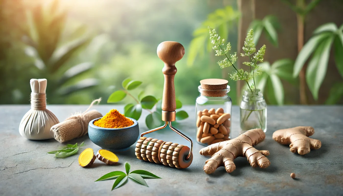 A serene arrangement showcasing natural arthritis management elements, including a wooden massage roller and herbal supplements like turmeric and ginger, set on a natural, stone-textured surface with blurred greenery in the background. Free of any text, minimalistic, and modern in widescreen format.