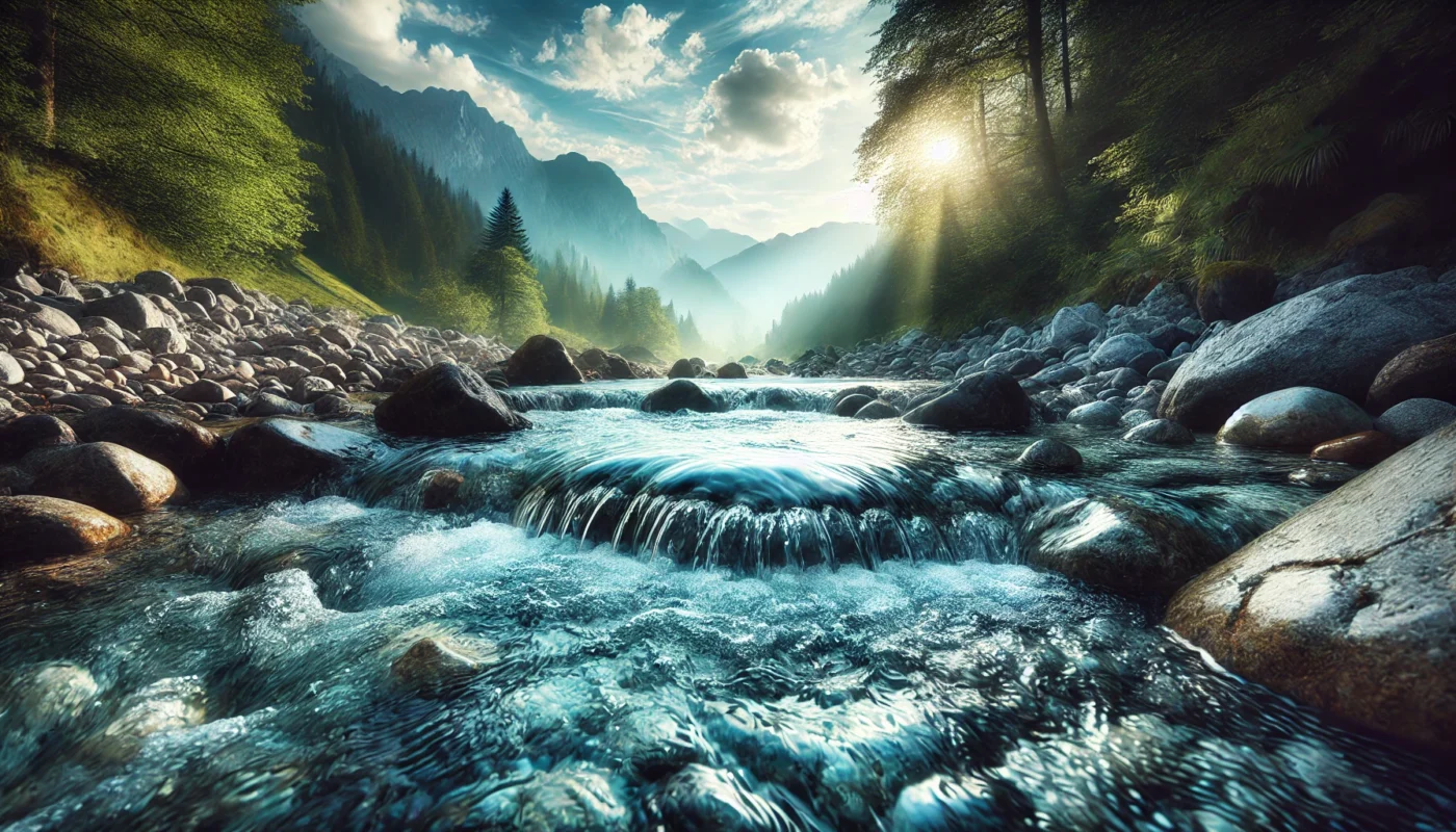 A serene nature scene featuring a crystal-clear mountain stream flowing over rocks, symbolizing the purity and natural hydration process that supports reducing inflammation and enhancing wellness.