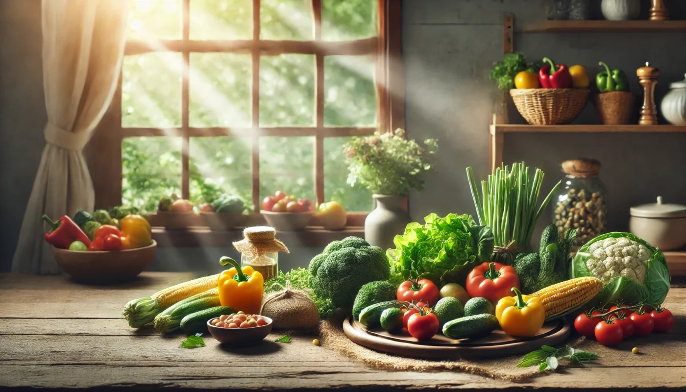 A serene arrangement of fresh vegetables and fruits, representing natural sources of MSM, placed on a rustic wooden table with soft sunlight streaming through a kitchen window, symbolizing health and wellness.