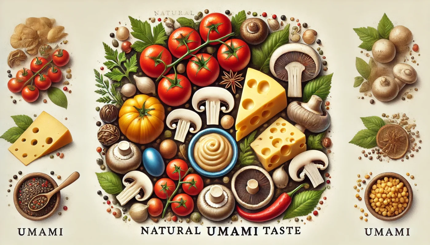 An artistic arrangement of natural umami-rich foods, including tomatoes, cheese, and mushrooms, emphasizing their rich and savory flavors through vibrant colors and textures in a text-free composition.