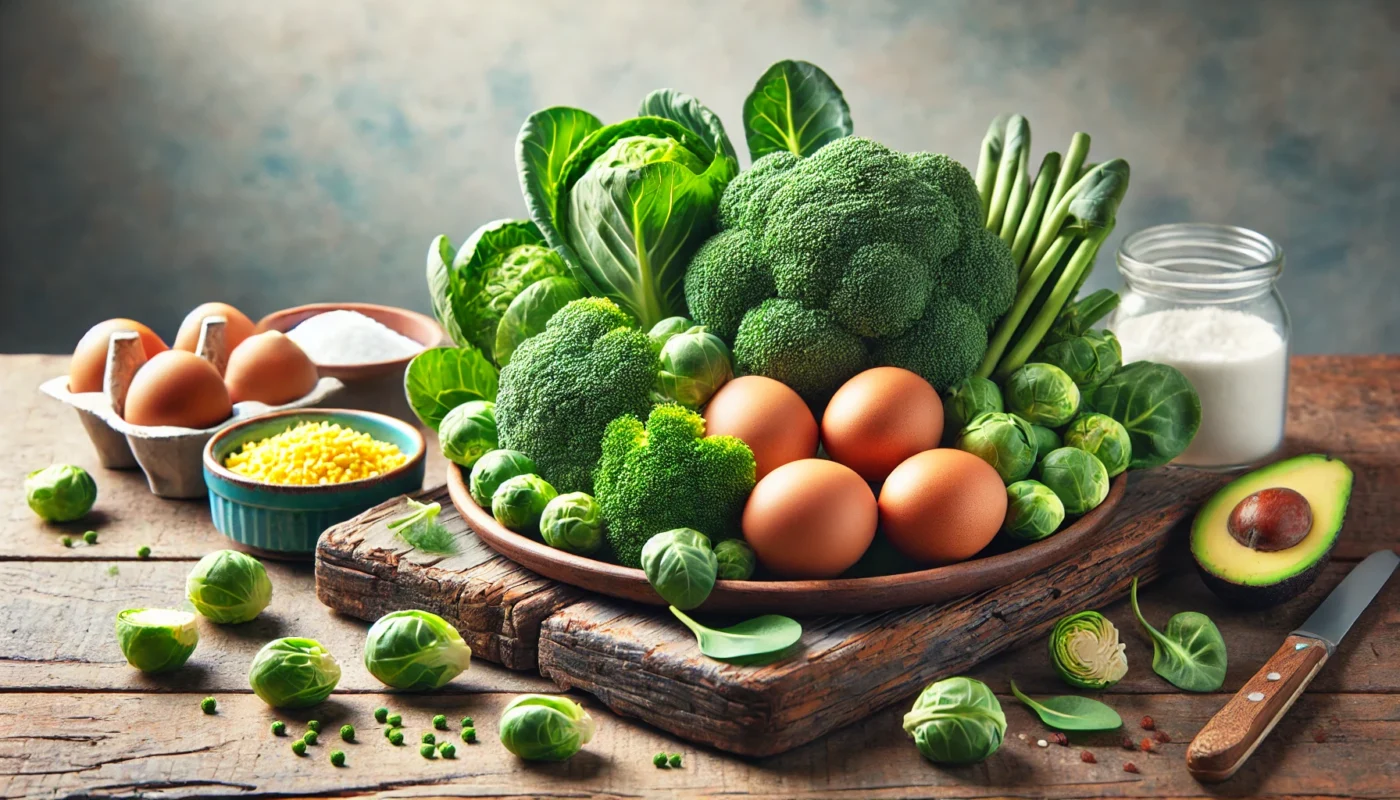 What are the benefits of sulphate supplements? This is a vibrant arrangement of natural sulphate-rich foods, including broccoli, Brussels sprouts, and eggs, on a rustic wooden table with a clean, bright background symbolizing health and nutrition.