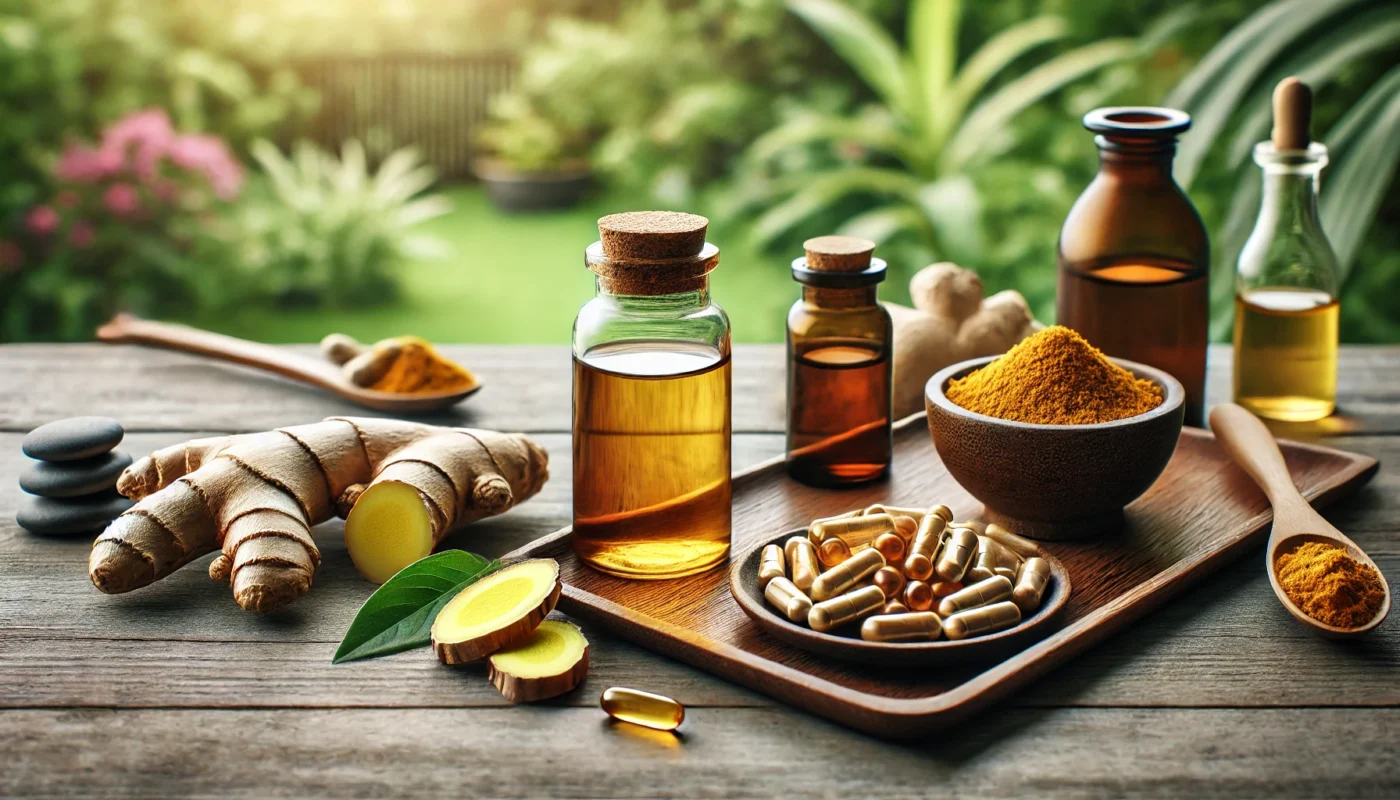 A natural arrangement of turmeric capsules, ginger slices, and a small bottle of fish oil on a wooden surface with a blurred garden view in the background. Highlights the role of supplements in managing rheumatoid arthritis. Minimalistic and nature-focused in widescreen format.