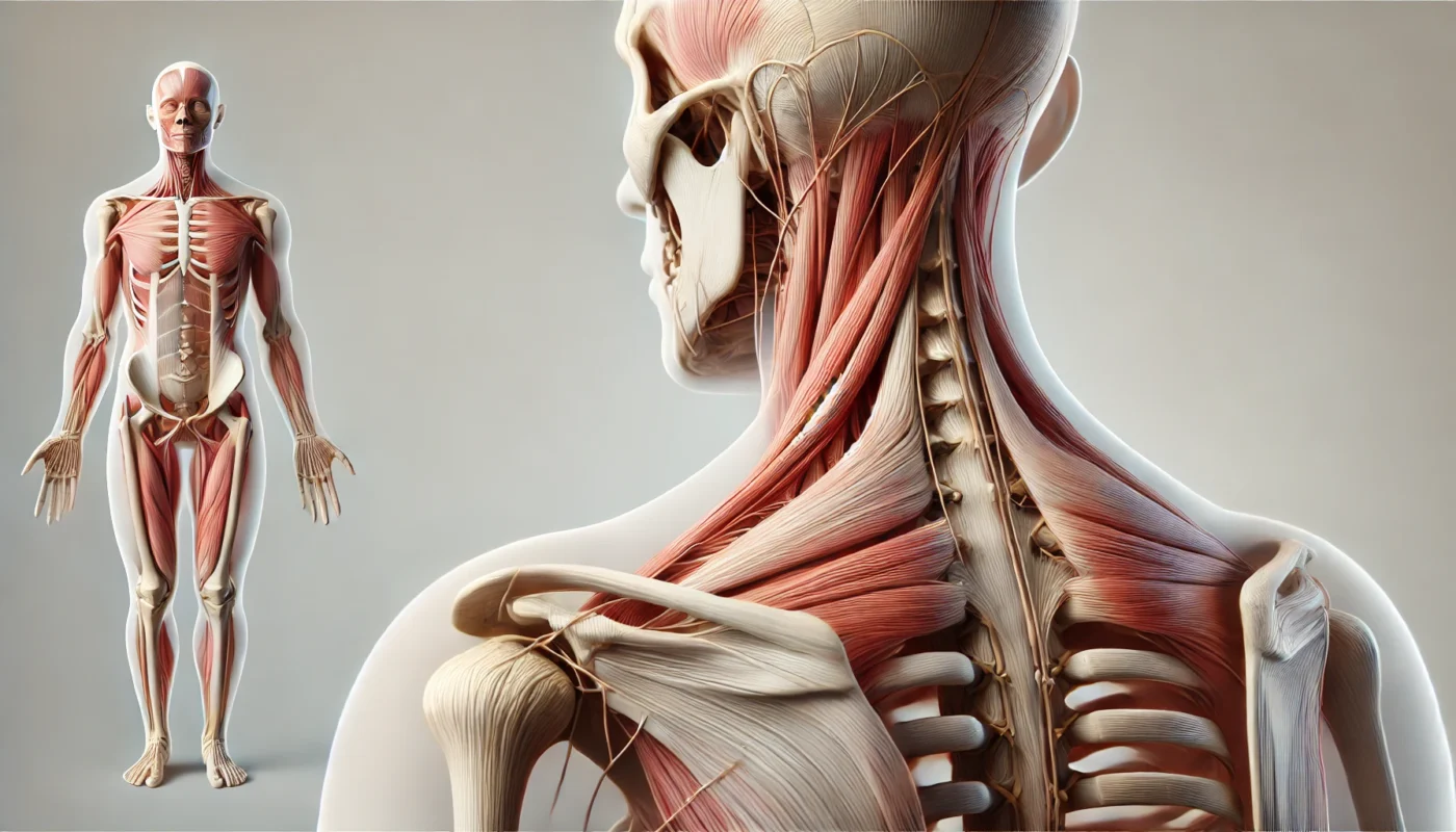 What are some of the best vitamins for neck and shoulder pain? This is a medically accurate and artistic depiction of neck and shoulder anatomy, showcasing muscles, ligaments, and joints involved in pain and tension, set against a neutral background to emphasize health and recovery.