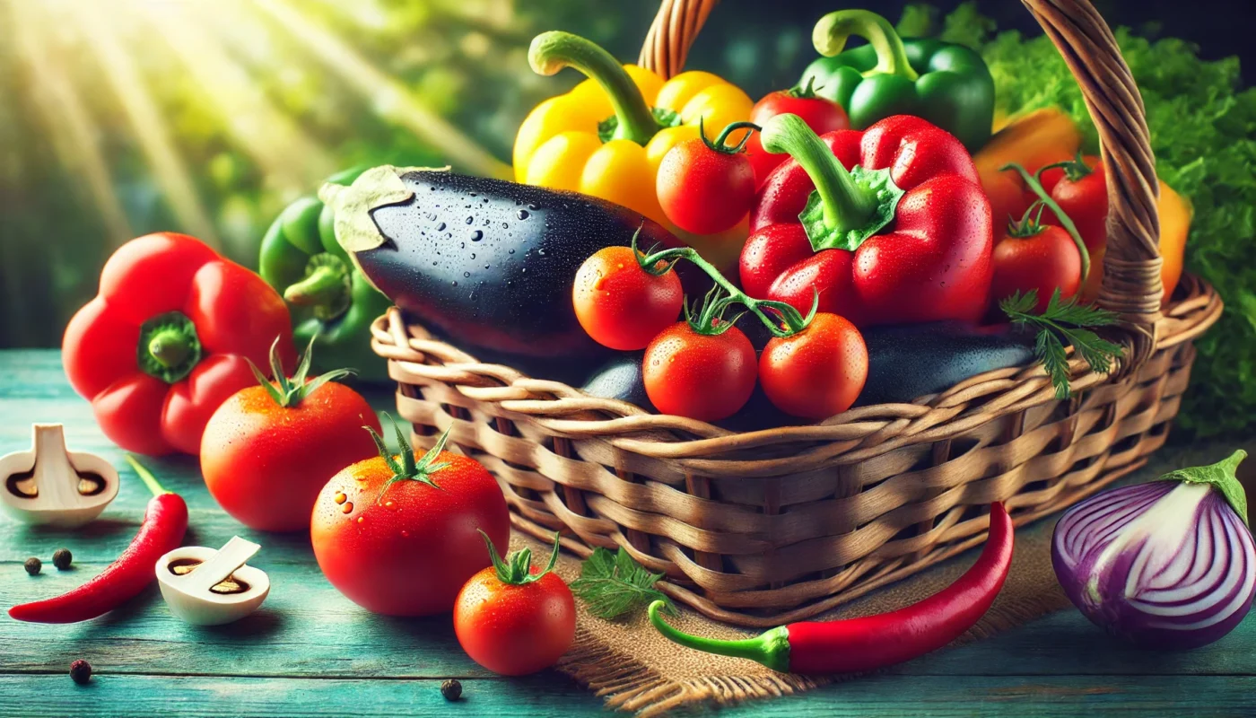 A basket filled with fresh tomatoes, eggplants, and bell peppers on a table, highlighting nightshade vegetables that may trigger inflammation in some individuals with arthritis.