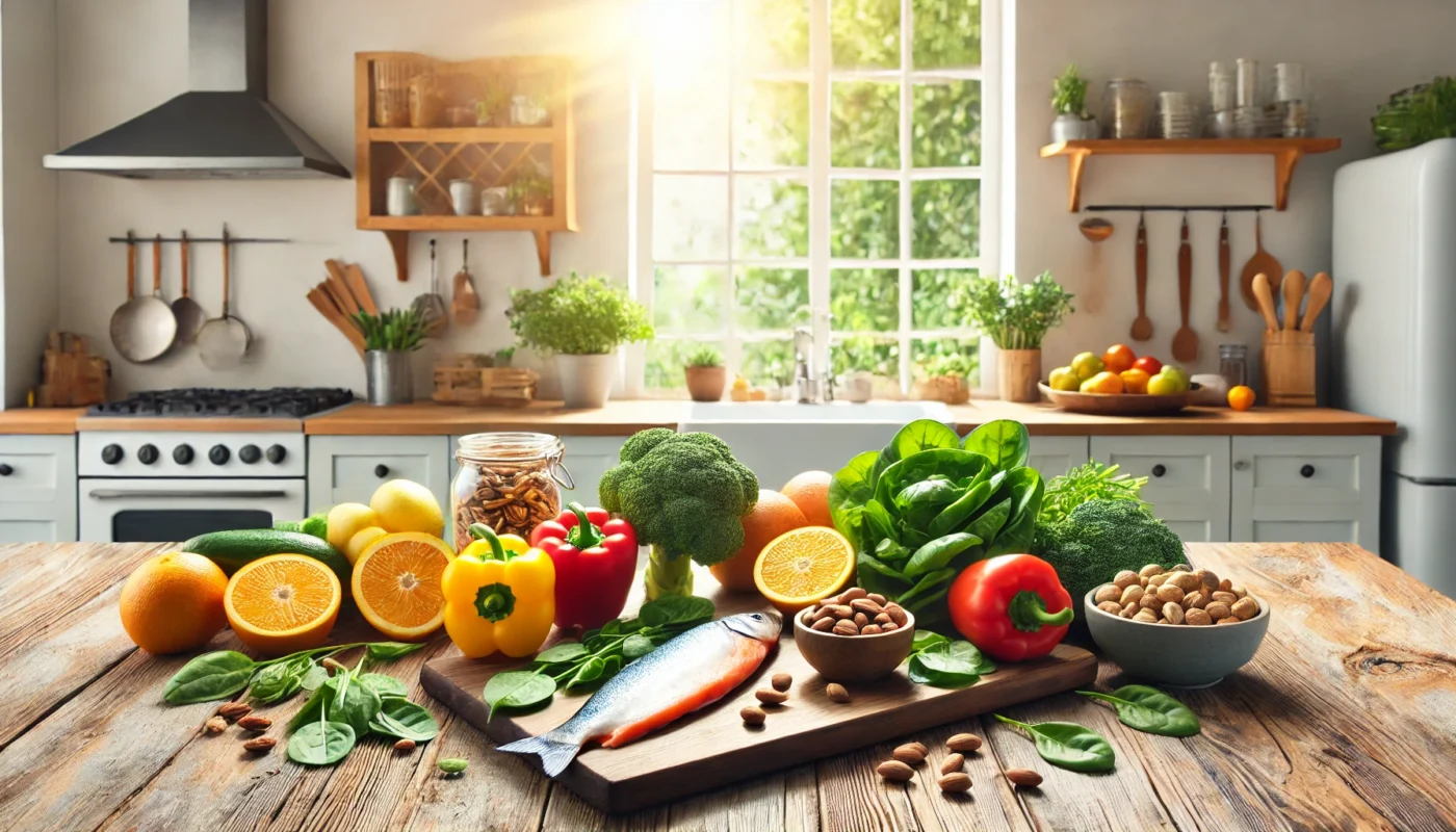 A serene and inviting kitchen scene showcasing a variety of foods rich in vitamins essential for neck and shoulder health, including bell peppers, spinach, salmon, nuts, and citrus fruits, illuminated by natural light streaming through a modern kitchen window.