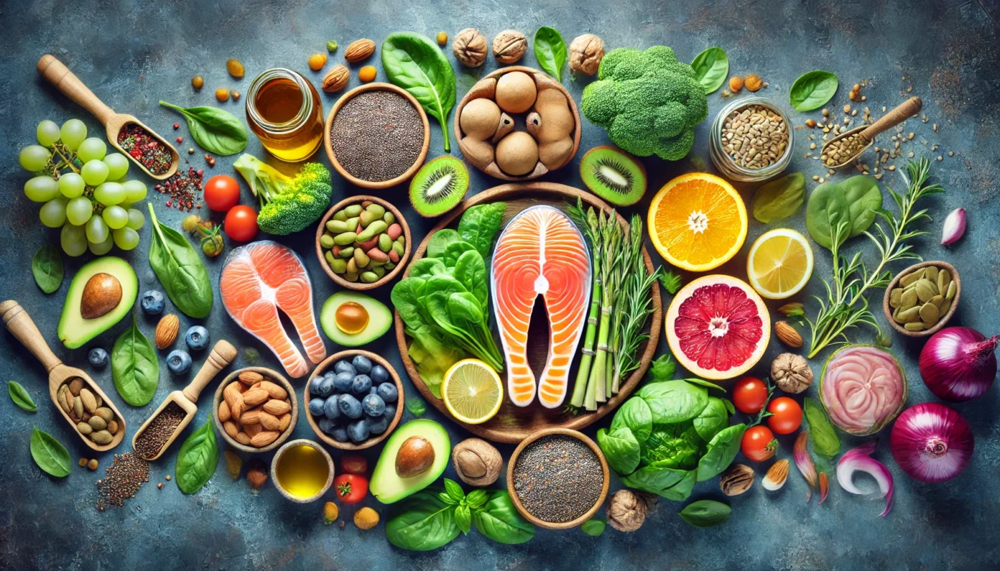 A visually engaging depiction of dietary sources that support knee joint lubrication, featuring colorful and fresh ingredients such as salmon, chia seeds, leafy greens, citrus fruits, and nuts arranged in an appealing manner.