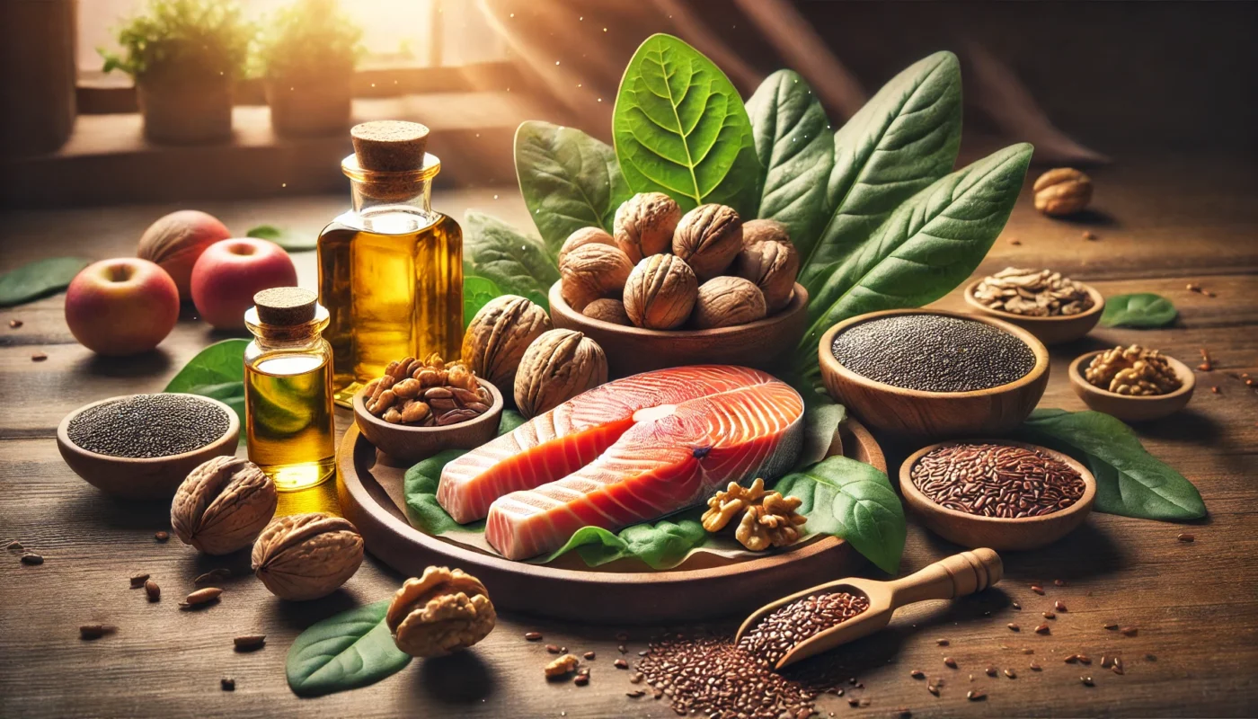 A conceptual artistic representation of omega-3-rich foods on a wooden table, including salmon fillets, walnuts, chia seeds, flaxseeds, and a glass bottle of fish oil, illuminated by warm natural light.