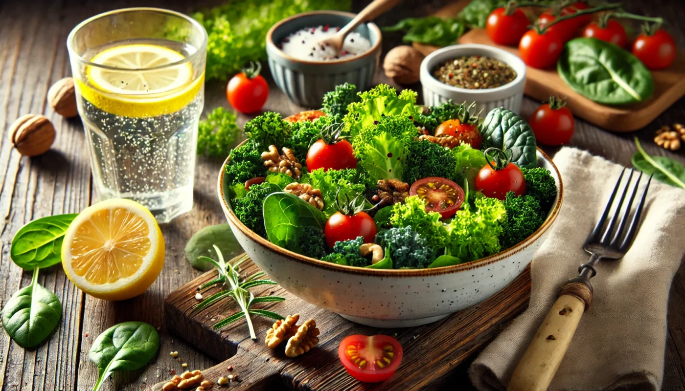 A widescreen image of a bowl of vibrant mixed salad containing kale, spinach, cherry tomatoes, walnuts, and a light drizzle of olive oil. The rustic wooden table is adorned with a glass of lemon water and scattered fresh herbs, symbolizing wholesome nutrition for joint health.