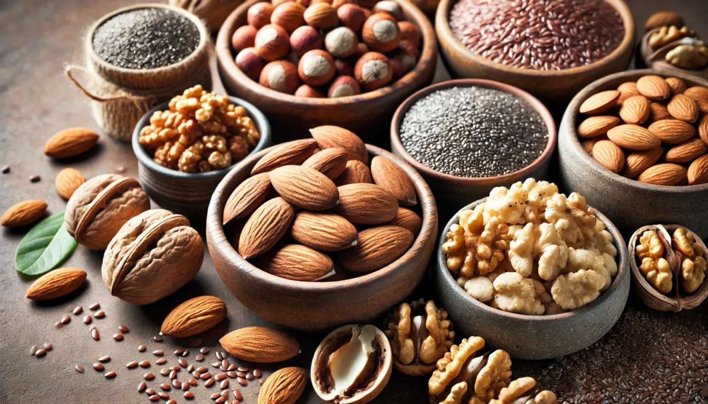 A close-up of a variety of nuts and seeds, including almonds, walnuts, flaxseeds, and chia seeds, arranged in small rustic bowls, emphasizing their texture and nutrient-rich properties for an anti-inflammatory diet.