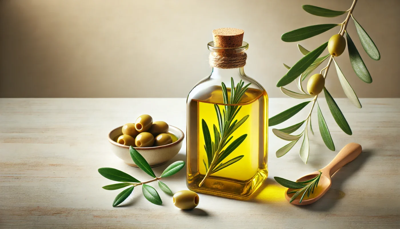 A glass bottle of extra virgin olive oil with a sprig of rosemary, accompanied by fresh olive branches and a small dish of olives on a light wooden surface, highlighting its anti-inflammatory benefits in a Mediterranean aesthetic.