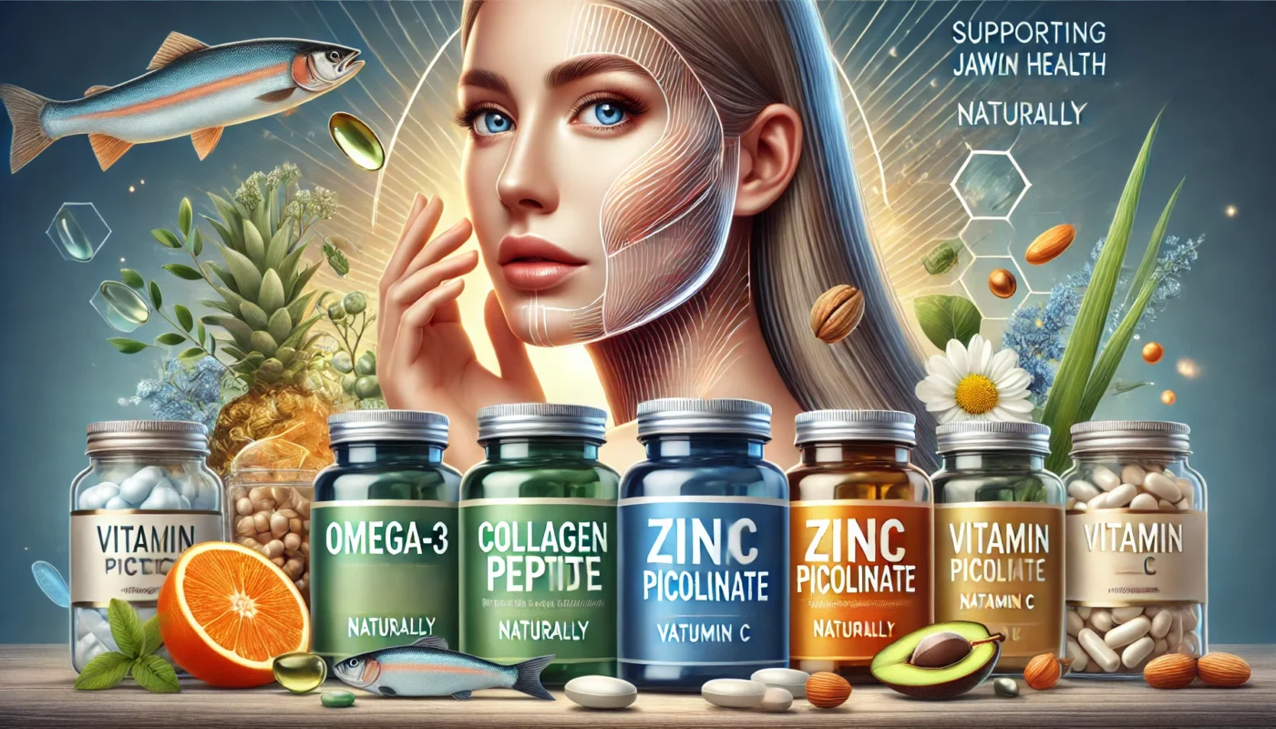 Omega-3, Collagen Peptide, Zinc Picolinate, and Vitamin C supplements for enhancing jawline health and appearance.