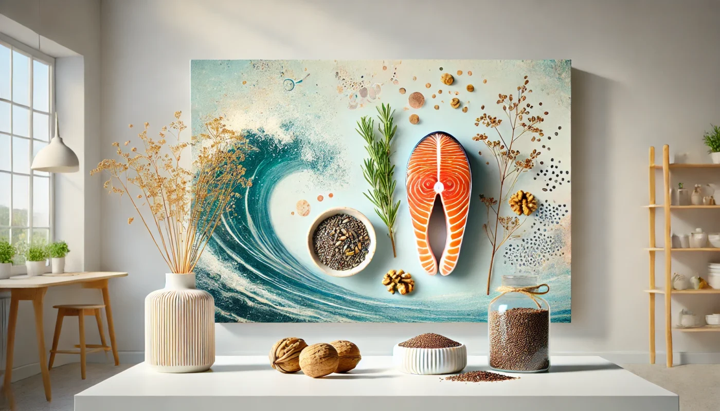 An artistic layout of omega-3-rich foods including salmon, chia seeds, walnuts, and flaxseeds on a minimalist white kitchen counter, highlighting their benefits for joint health and inflammation.