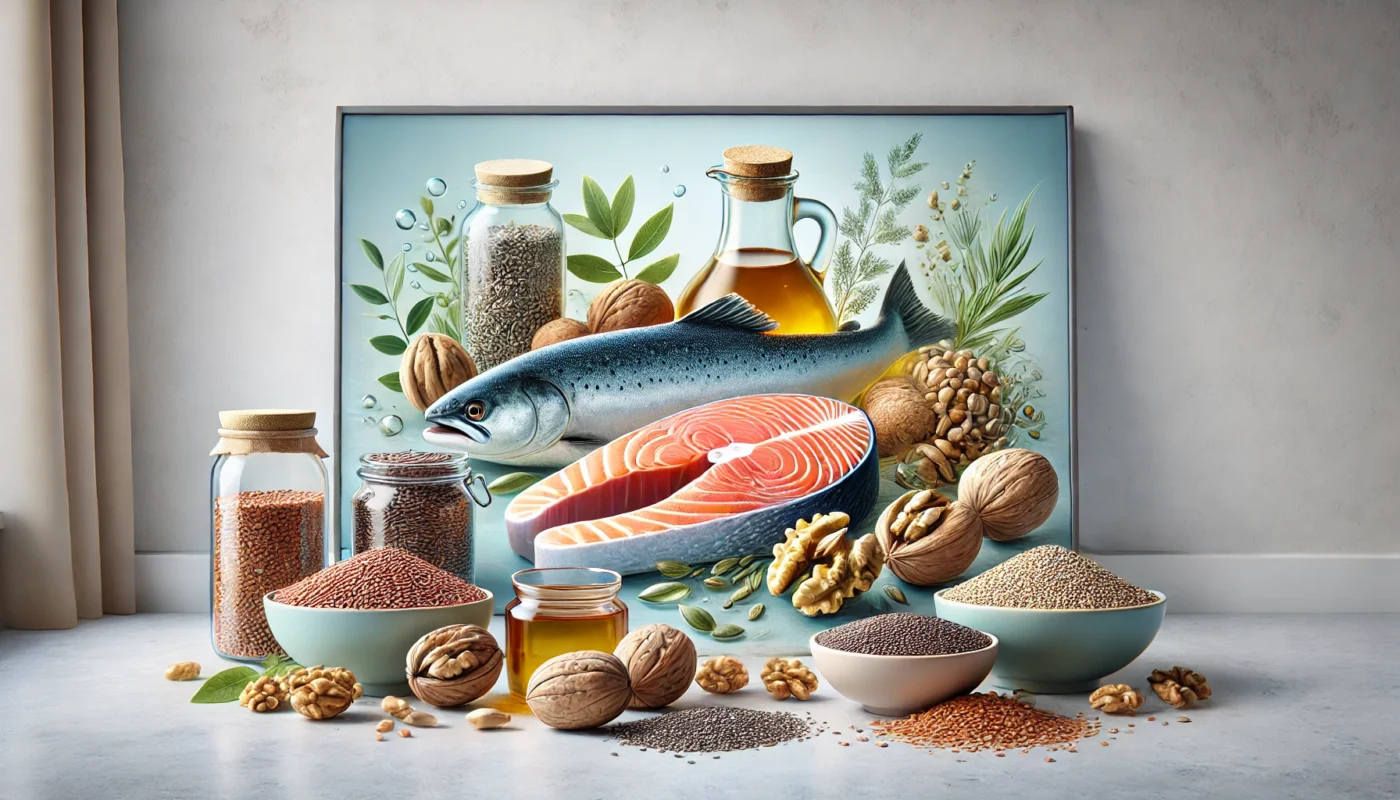 A light and airy composition of omega-3-rich foods such as salmon, walnuts, chia seeds, and flaxseeds, neatly presented on a modern kitchen surface to highlight their anti-inflammatory benefits.