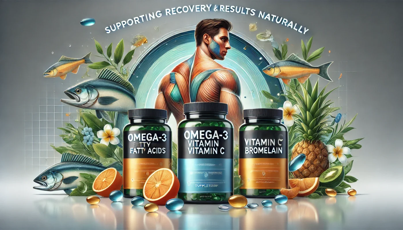 Omega-3 fatty acids, Vitamin C, and Bromelain supplements, emphasizing their role in supporting recovery after a fat transfer procedure.