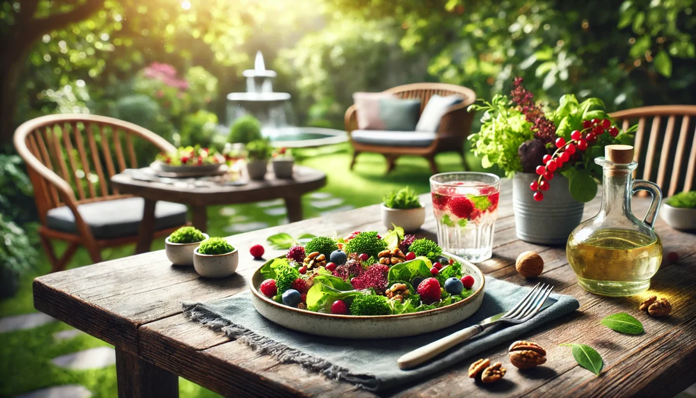 A serene outdoor dining setup featuring a vibrant salad with mixed greens, berries, walnuts, and olive oil, accompanied by a glass of infused water and fresh herbs. Highlights a nutritious and anti-inflammatory meal for joint health.