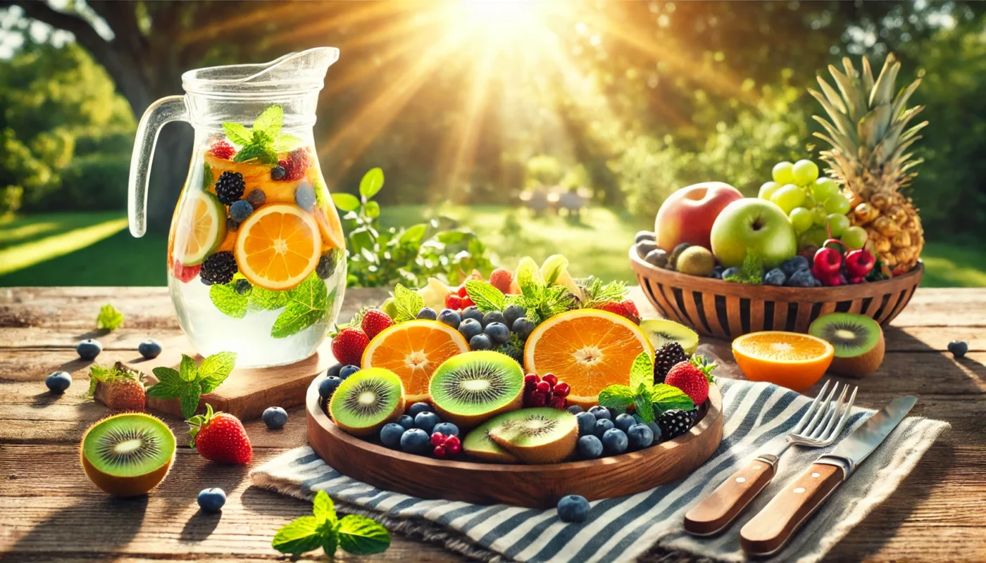 A text-free widescreen image of an outdoor picnic setup featuring a wooden table with a platter of fresh fruits, including oranges, berries, and kiwi, next to a jug of lemon and mint-infused water. Surrounded by greenery and sunlight, it highlights a healthy, cartilage-friendly lifestyle.