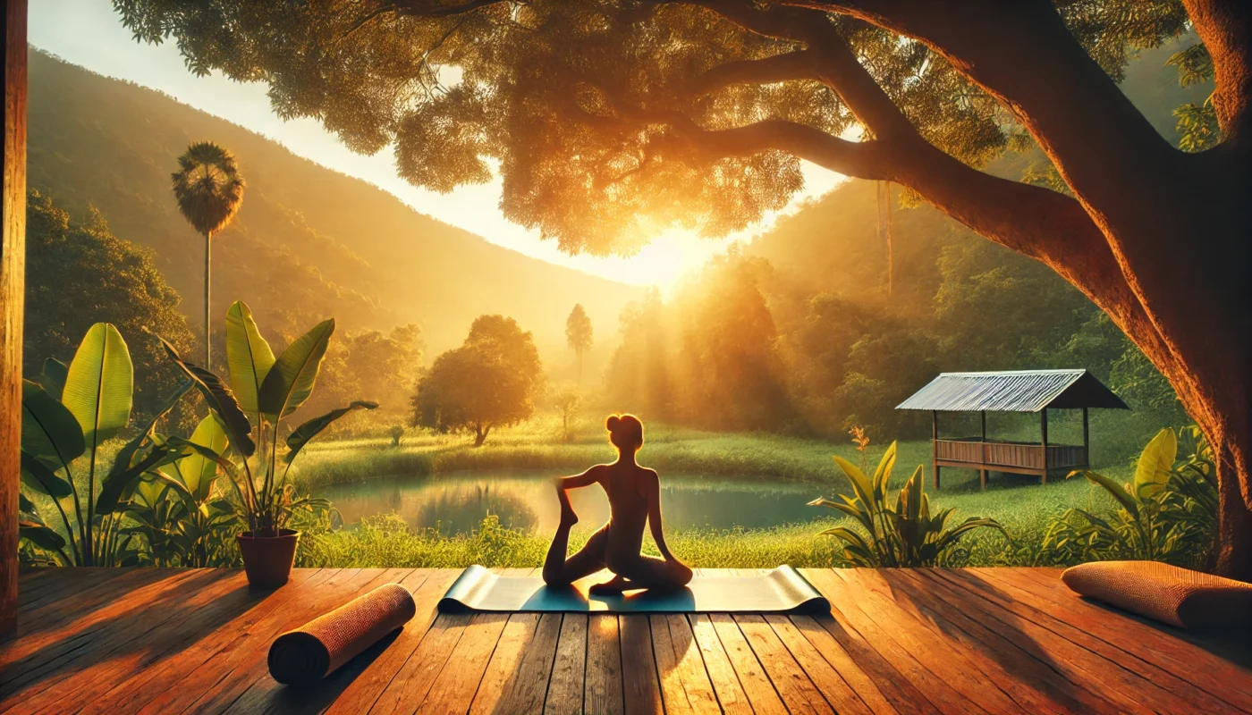 A serene outdoor yoga session at sunrise, featuring a person stretching on a mat surrounded by lush greenery and soft golden light. Highlights holistic healing and bursitis relief through gentle exercise.