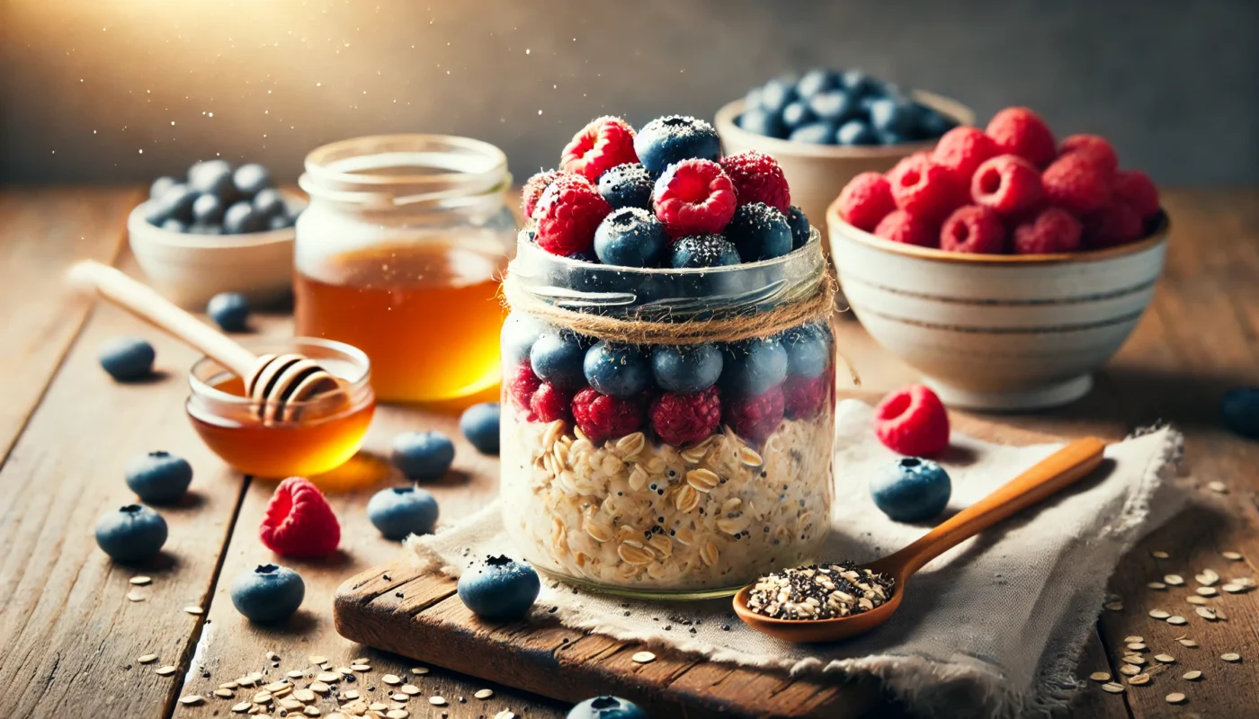 A rustic breakfast featuring overnight oats in a clear glass jar, topped with fresh blueberries, raspberries, and chia seeds, placed on a wooden table with a small bowl of honey, highlighted by natural lighting.