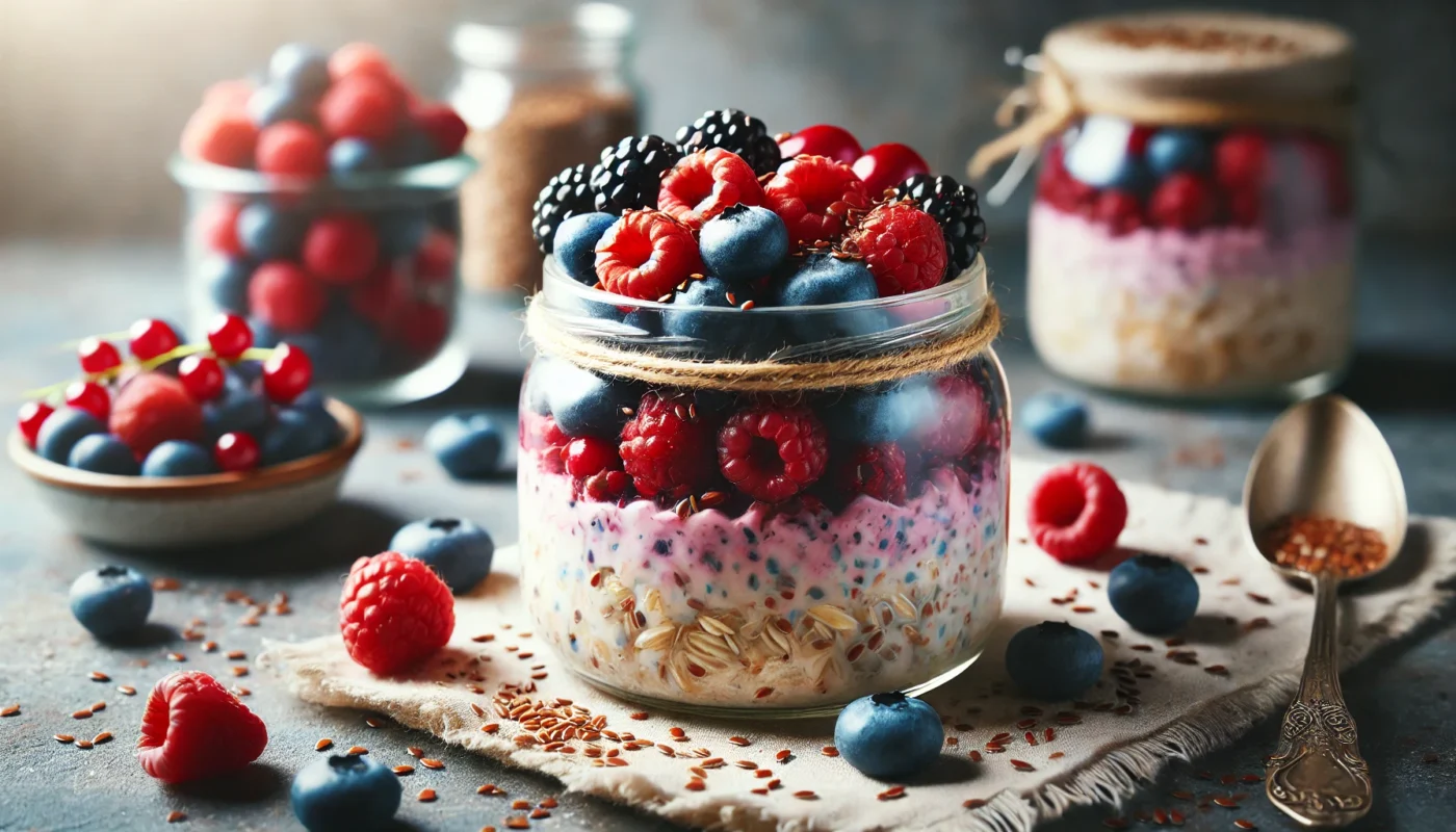 A jar of overnight oats topped with a mix of fresh berries and flaxseeds, highlighted by natural lighting to emphasize its vibrant colors and anti-inflammatory qualities.