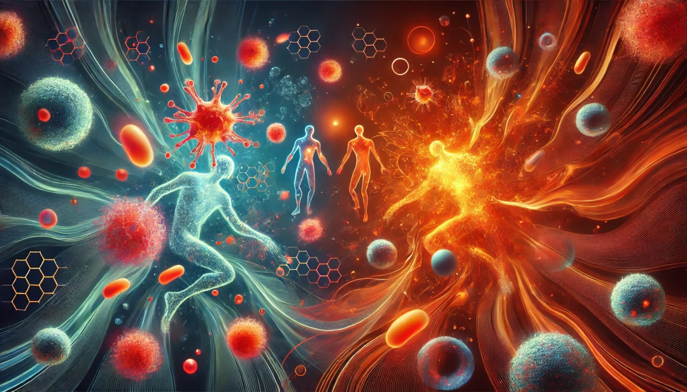 A modern and abstract illustration representing oxidative stress and inflammation, featuring reactive oxygen species (ROS) interacting with human cells. The artwork uses dynamic glowing effects and transitions between fiery reds, oranges, and calming blues to convey both cellular damage and healing processes.