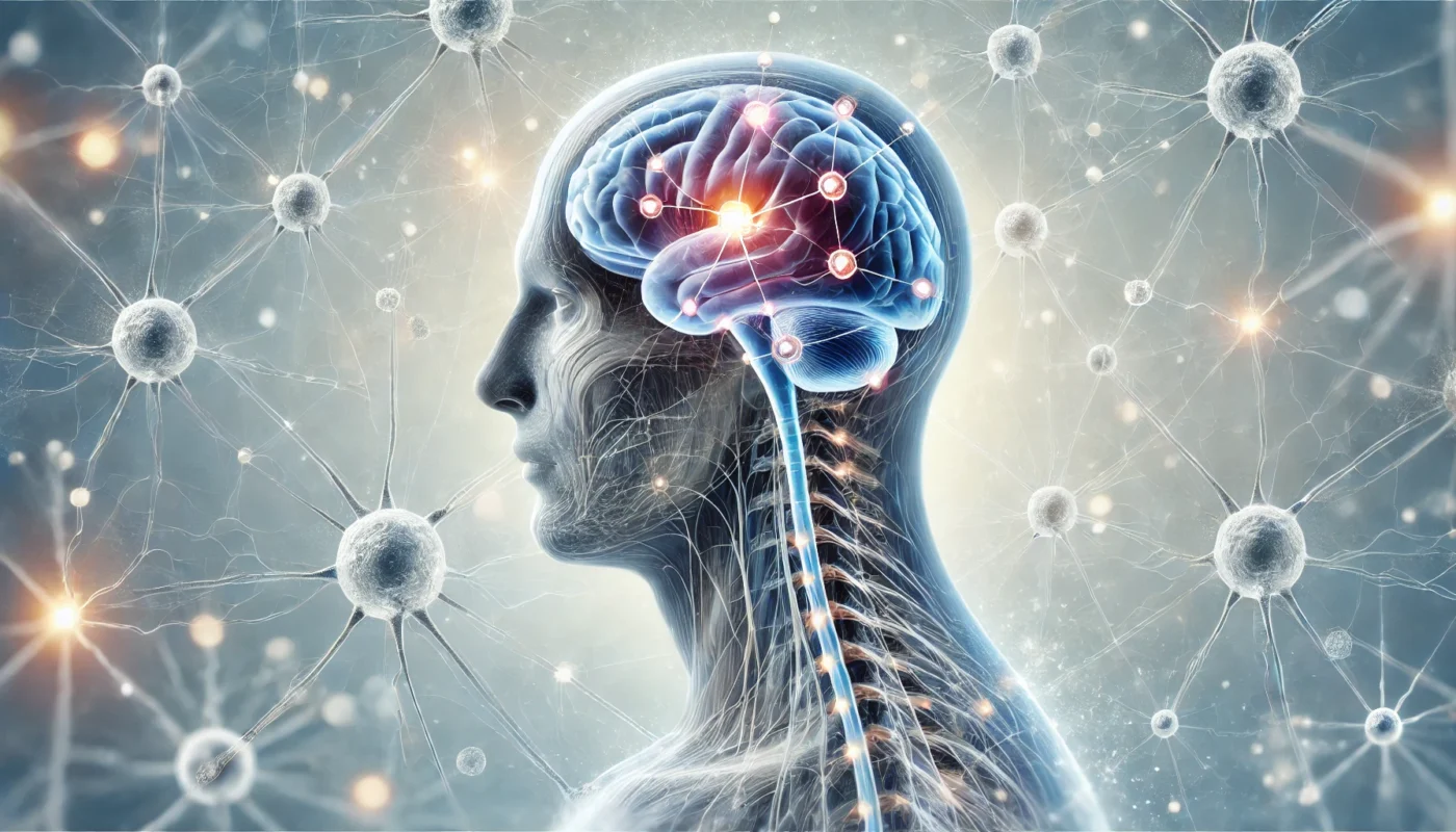 Artistic representation of the human nervous system with highlighted pain pathways connecting the brain to the body, symbolizing the mechanism of pain perception and relief, set against calming blue and white hues.