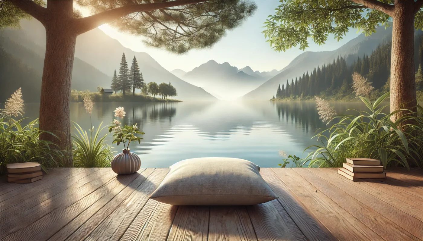 A serene outdoor meditation setup with a cushion on a wooden deck overlooking a tranquil lake surrounded by trees and distant mountains. Soft sunlight creates a calming environment ideal for stress relief in rheumatoid arthritis management. Minimalist and peaceful in widescreen format.