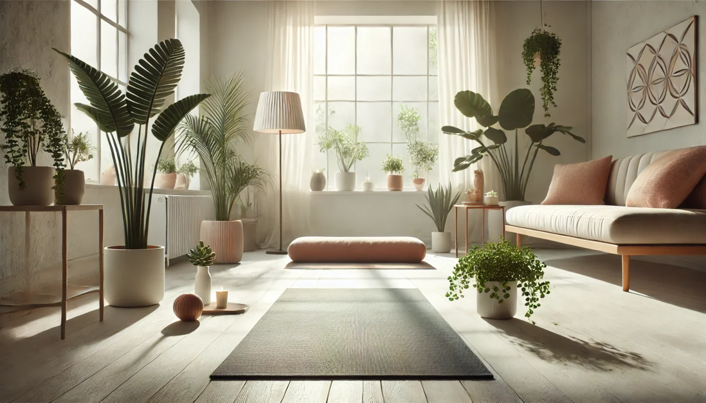 A calming yoga session space with a yoga mat, potted plants, and minimalist decor in a sunlit room, promoting stress reduction and immune health for managing inflammatory diseases.