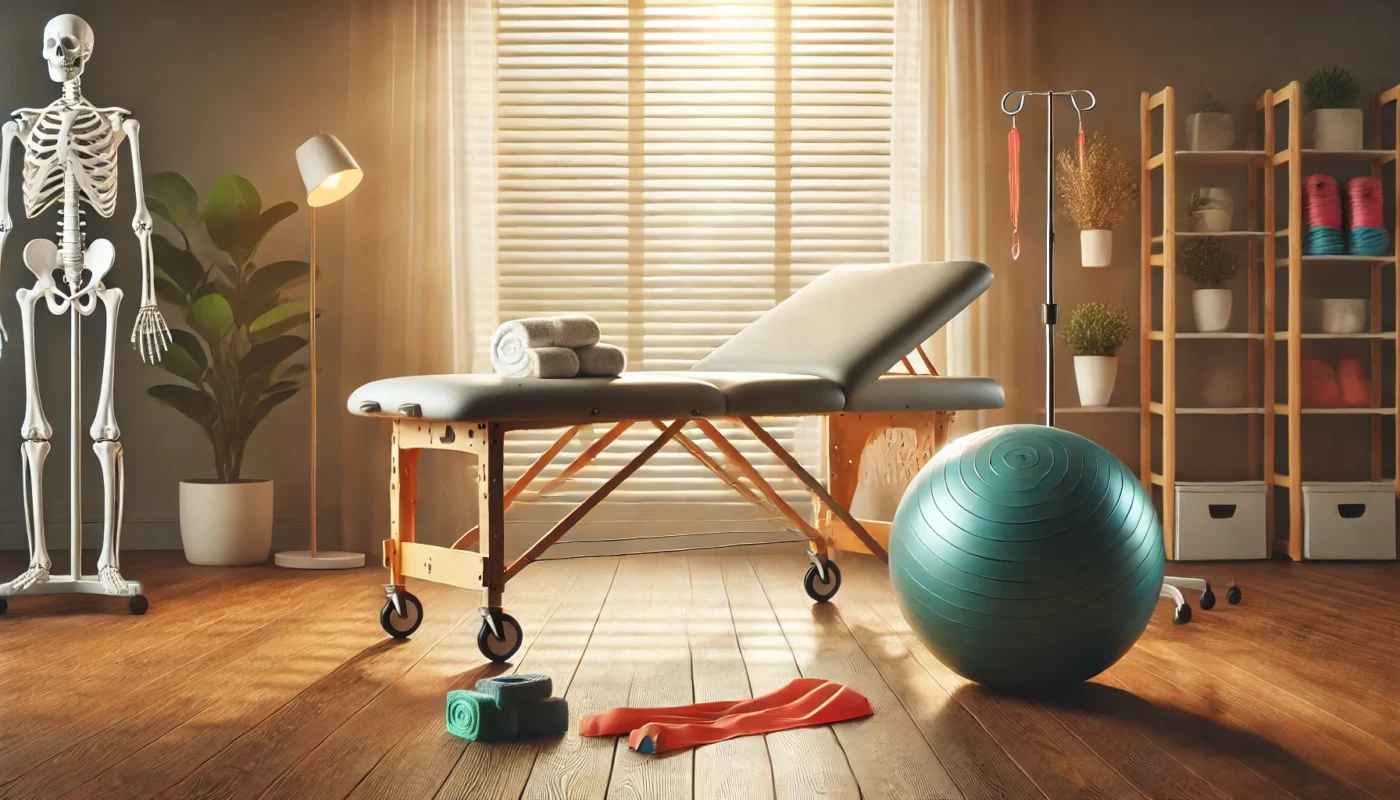 A physical therapy room with a treatment table, rolled towels, a skeleton model, a stability ball, and exercise bands on a wooden floor. The setting is bright and inviting, with natural light streaming through the blinds, plants, and organized shelving for a professional yet calming atmosphere.