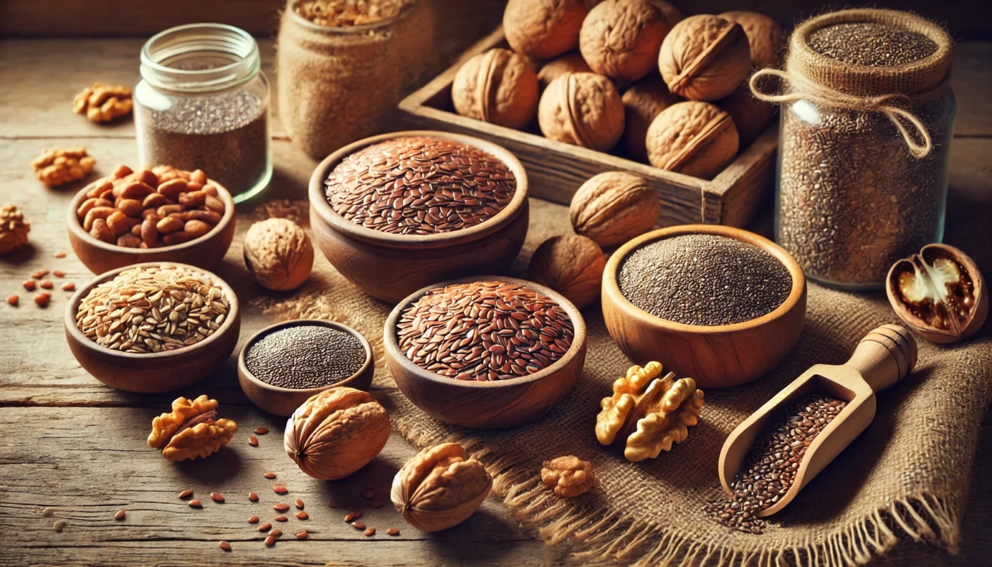 A variety of plant-based sources of omega-3 fatty acids, including flaxseeds, chia seeds, walnuts, and hemp seeds, arranged on a rustic wooden surface, highlighting their role in reducing inflammation naturally.