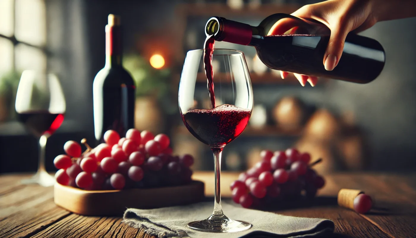 A close-up of red wine being poured into a glass with rich hues and reflections, set against a cozy, blurred background featuring grapes and a wooden table, highlighting the elegance and potential health benefits of moderate consumption.