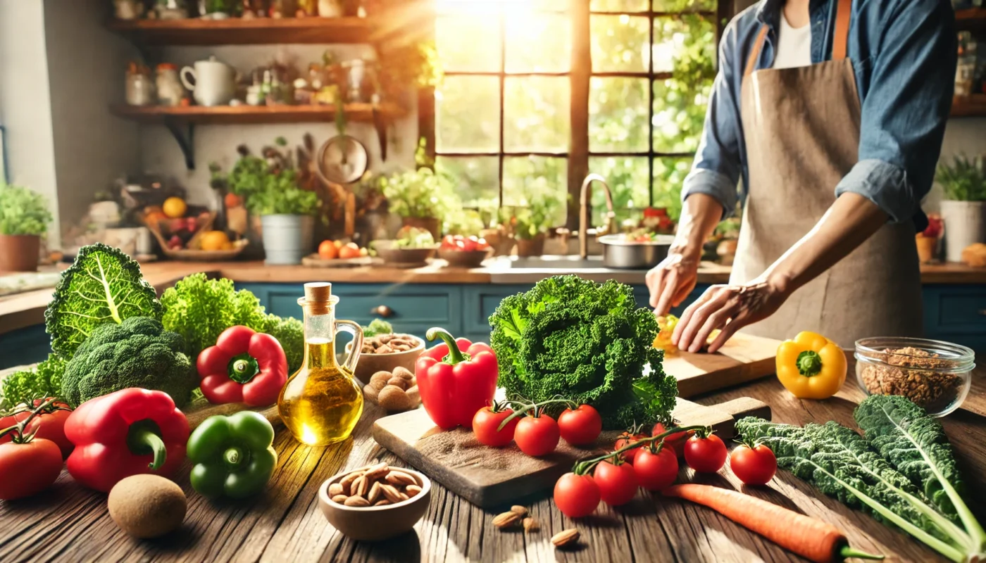 A bright kitchen scene with a person preparing a rheumatoid arthritis-friendly meal. The countertop features fresh vegetables like kale, tomatoes, bell peppers, olive oil, and nuts, with natural light creating an inviting and health-conscious atmosphere.