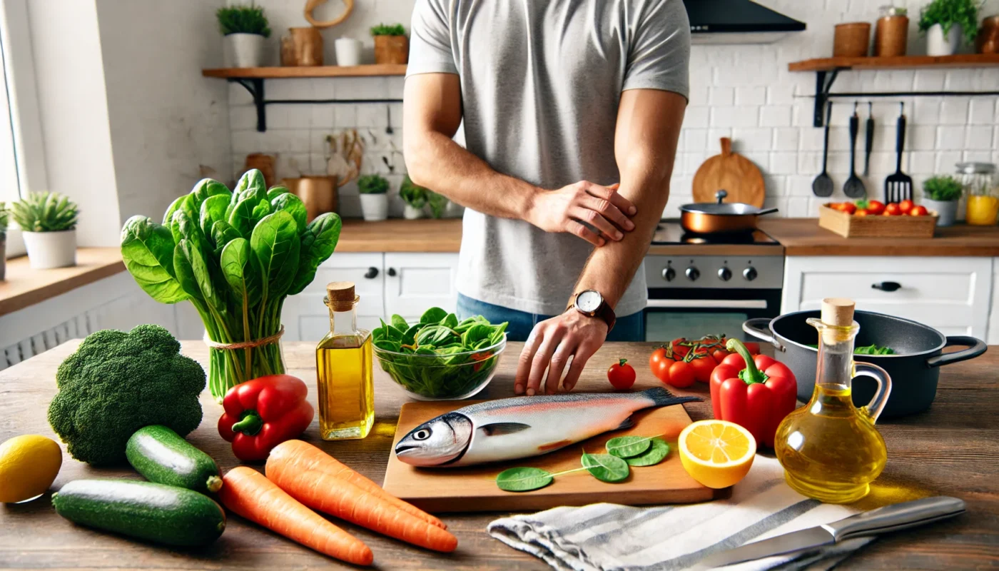 A bright kitchen scene with a person preparing a healthy meal for rheumatoid arthritis management, featuring fresh vegetables like spinach, carrots, and bell peppers, along with olive oil and fish fillets, emphasizing a Mediterranean diet.