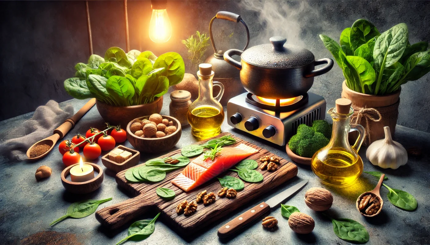 A serene kitchen scene featuring fresh ingredients like spinach, salmon, olive oil, and walnuts on a cutting board with a steaming pot in the background. Symbolizes healthy cooking for bursitis relief.