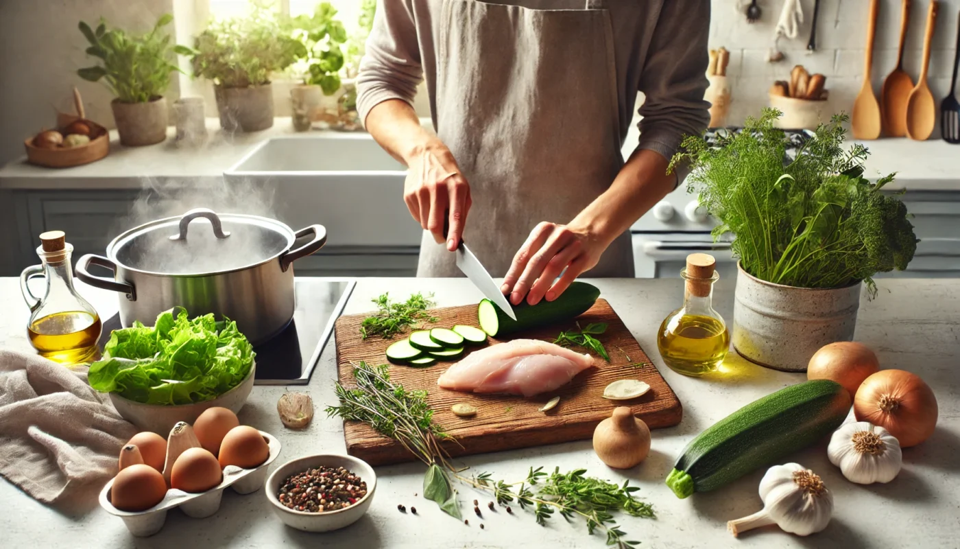 A serene kitchen scene with fresh ingredients like zucchini, chicken, herbs, and olive oil on a wooden cutting board. A steaming pot adds warmth to the bright and airy setting, symbolizing healthy IBS-friendly cooking.