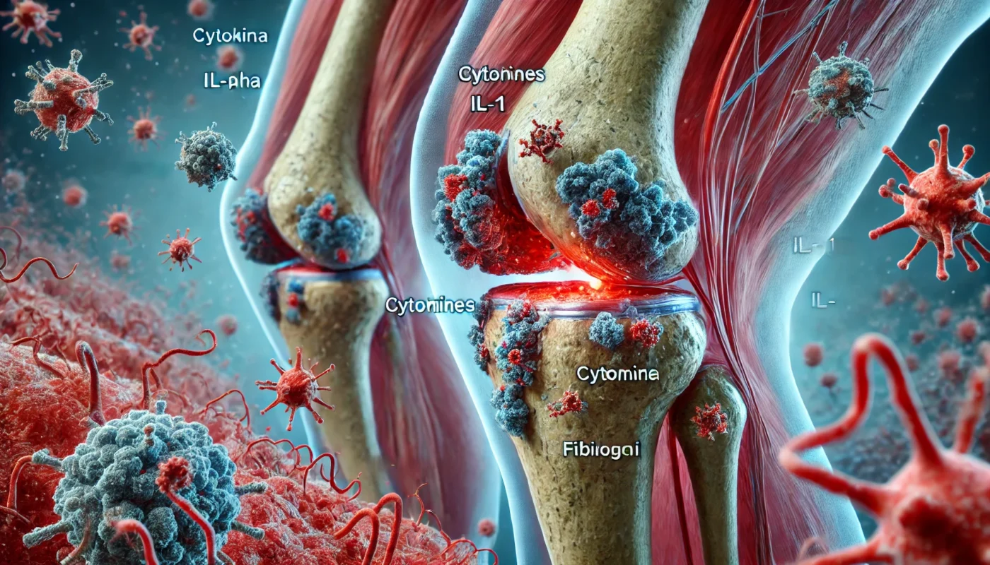 Scientific visualization of proteins causing arthritis, highlighting cytokines (TNF-alpha, IL-1) and fibrinogen interacting with inflamed knee joints, leading to cartilage degeneration.