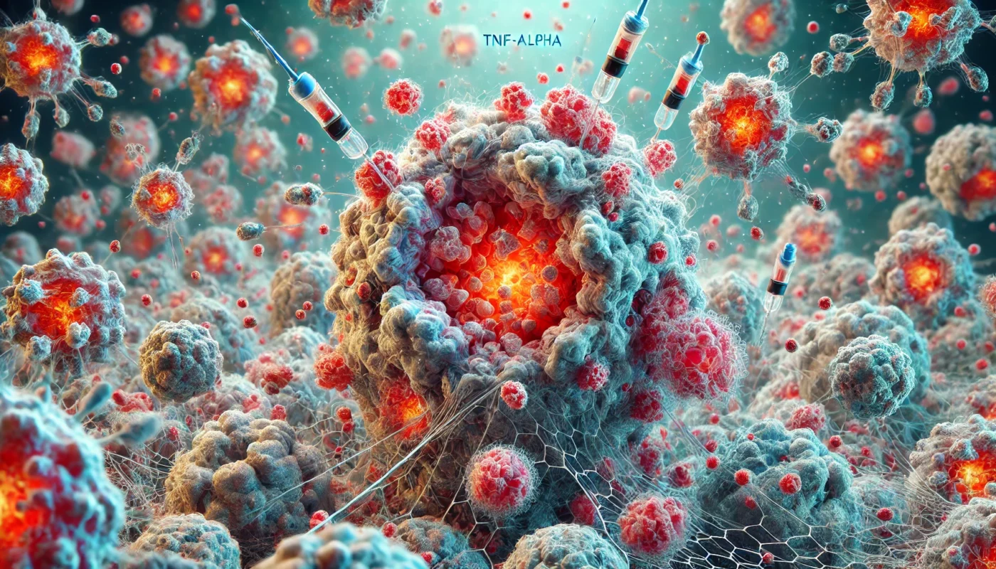 Microscopic view of cytokine proteins (TNF-alpha, IL-1) triggering inflammation in arthritis-affected joints, showing molecular interactions that cause swelling and pain.