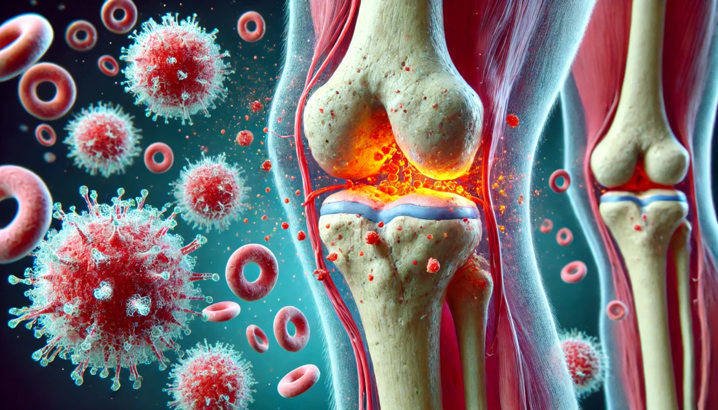 3D-rendered visualization of fibrinogen accumulation in arthritic joints, illustrating fibrin deposits forming in synovial fluid and exacerbating joint inflammation.