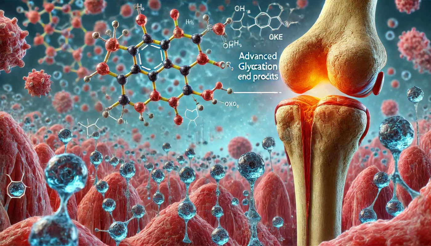 Scientific illustration of advanced glycation end products (AGEs) accumulating in joint cartilage, promoting oxidative stress and inflammation, contributing to arthritis progression.