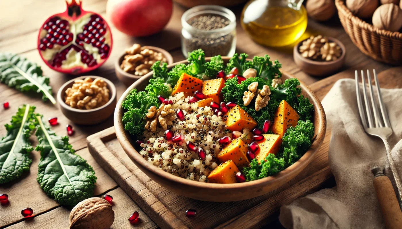 A vibrant quinoa salad with kale, roasted sweet potatoes, pomegranate seeds, walnuts, and a light vinaigrette, set on a rustic wooden table. Ideal for illustrating anti-inflammatory foods in the itis diet.