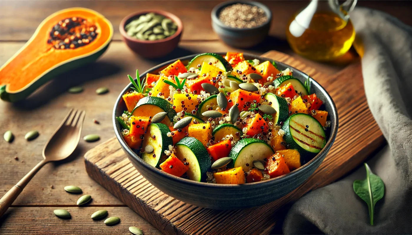 A hearty bowl of quinoa salad featuring roasted sweet potatoes, zucchini, and bell peppers, garnished with pumpkin seeds, placed on a rustic wooden table under natural lighting to highlight its freshness and anti-inflammatory qualities.