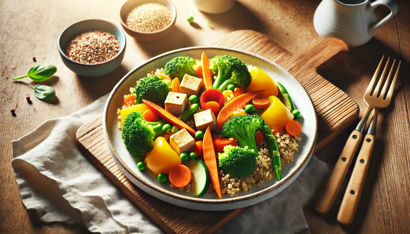 A nutritious anti-inflammatory quinoa stir-fry featuring colorful vegetables like bell peppers, broccoli, and carrots, served with tofu on a white ceramic plate and highlighted by natural lighting.