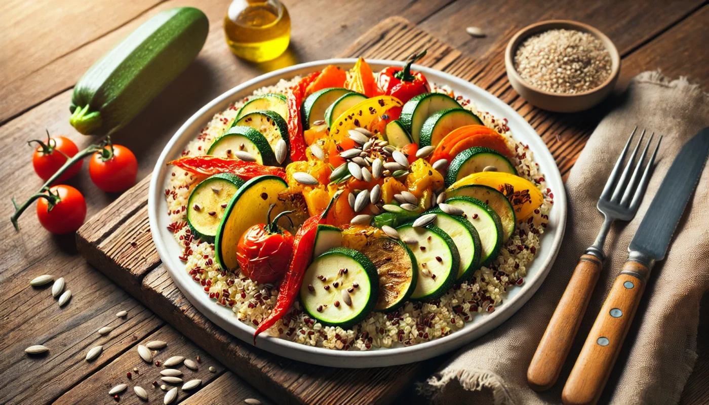 A nutritious anti-inflammatory meal featuring quinoa topped with roasted zucchini, bell peppers, and carrots, garnished with sunflower seeds, served on a white ceramic plate under natural lighting.