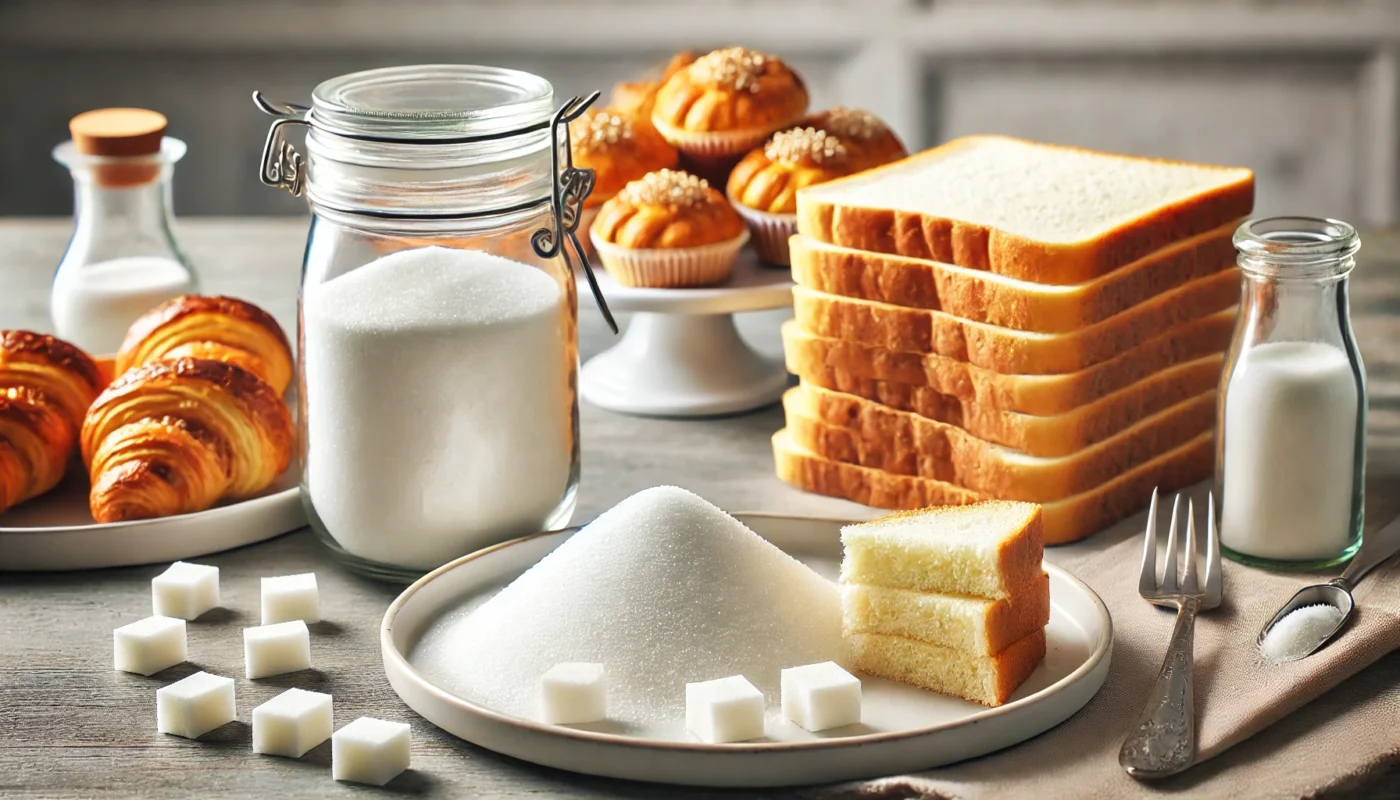 A stack of white bread slices and a plate of pastries on a table, with a glass jar of refined sugar in the background, emphasizing refined carbohydrates and sugars as triggers for arthritis inflammation.