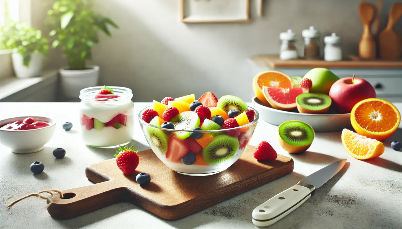 A clean kitchen counter scene with a glass bowl of colorful fruit salad featuring mixed berries, kiwi, and orange slices, alongside freshly cut fruits on a cutting board and a small jar of yogurt. Soft natural light highlights freshness. Text-free, minimalist, and modern in widescreen format.