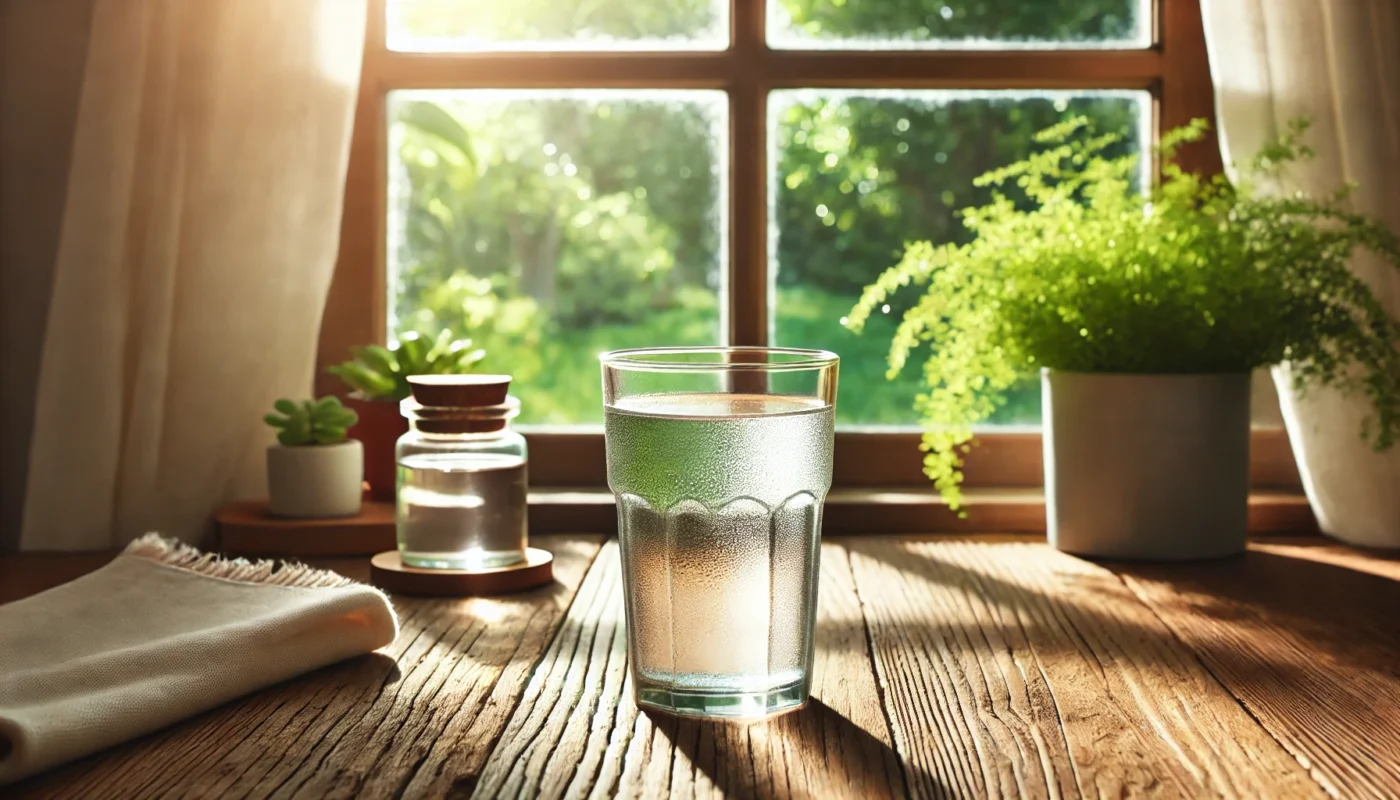 A calming image of a glass of water with condensation on a wooden table by a sunny window, emphasizing hydration's role in reducing inflammation and promoting wellness.