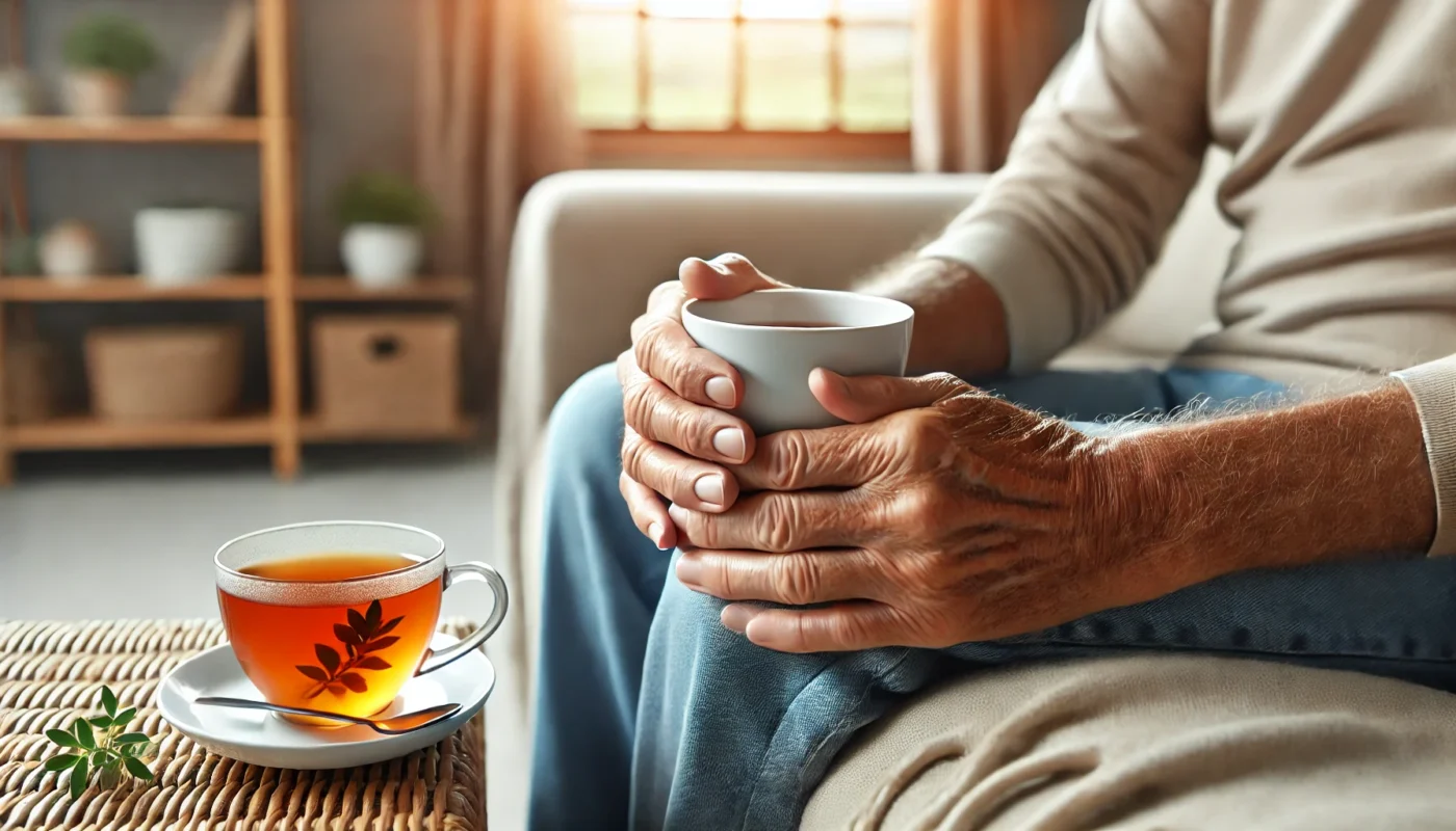 An elderly person sitting comfortably on a couch, holding a cup of herbal tea in a cozy and relaxing ambiance, promoting holistic care for arthritis without textual elements.