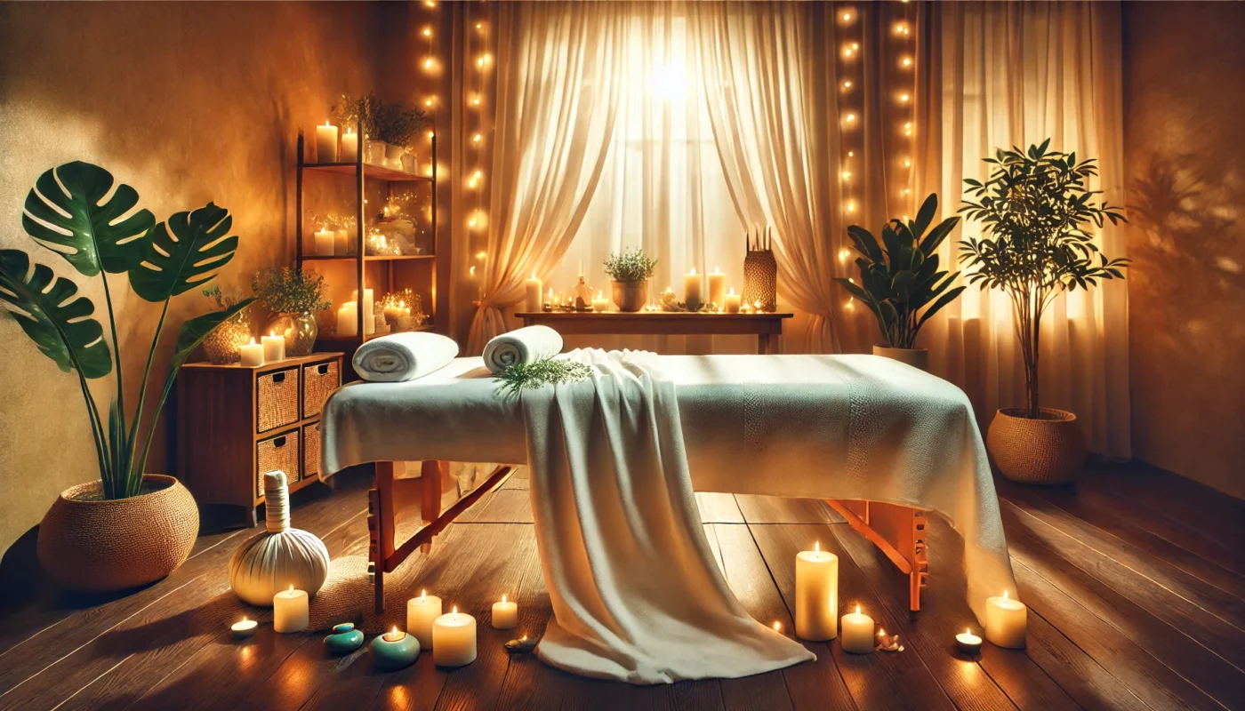 A tranquil massage therapy space featuring a table draped in white sheets, surrounded by soft lighting, candles, and indoor plants. The setup is designed to promote relaxation and stress relief in a calming environment.