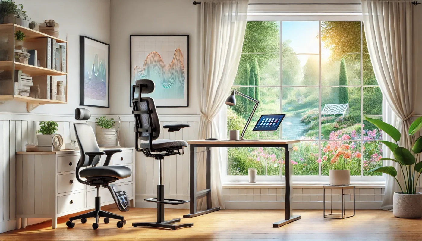 A peaceful home workspace adapted for rheumatoid arthritis, featuring an adjustable standing desk, ergonomic chair, and assistive tools like a speech-to-text device, situated in a brightly lit room with a large window overlooking a serene garden.